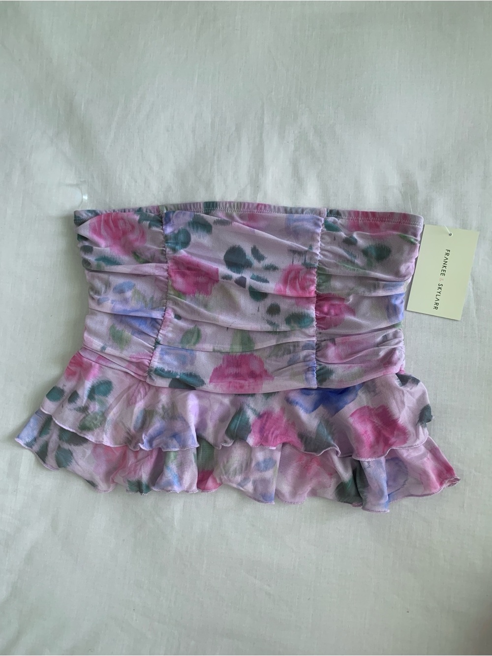 Frankee & Skylarr Floral Mesh Ruched Tube Top Peplum L Pink Purple NWT